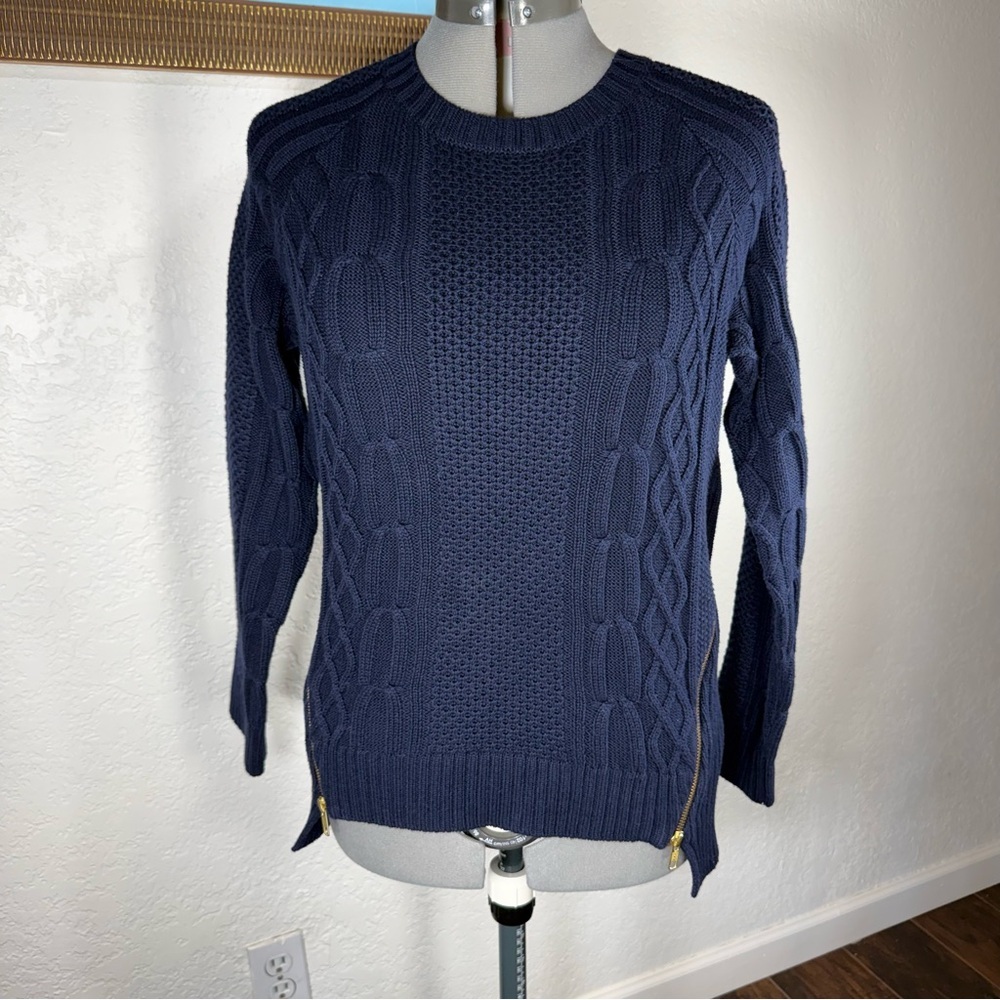 Cabi Navy Blue Cable Knit Honeycomb Side Zip Sweater M